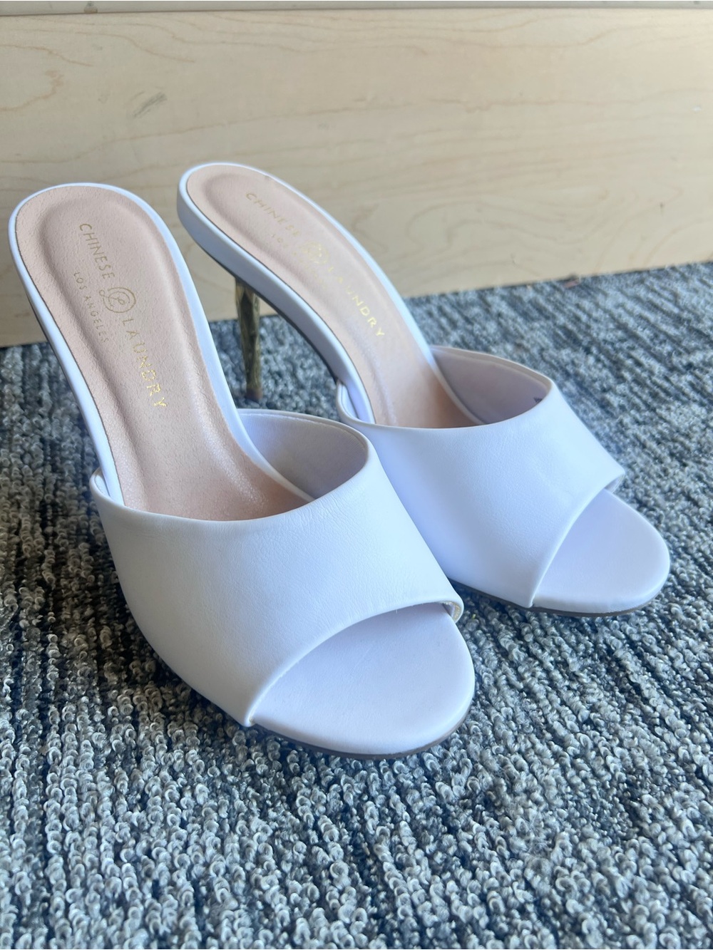 Chinese Laundry White Open-Toe Mule Heels with Gold Stiletto